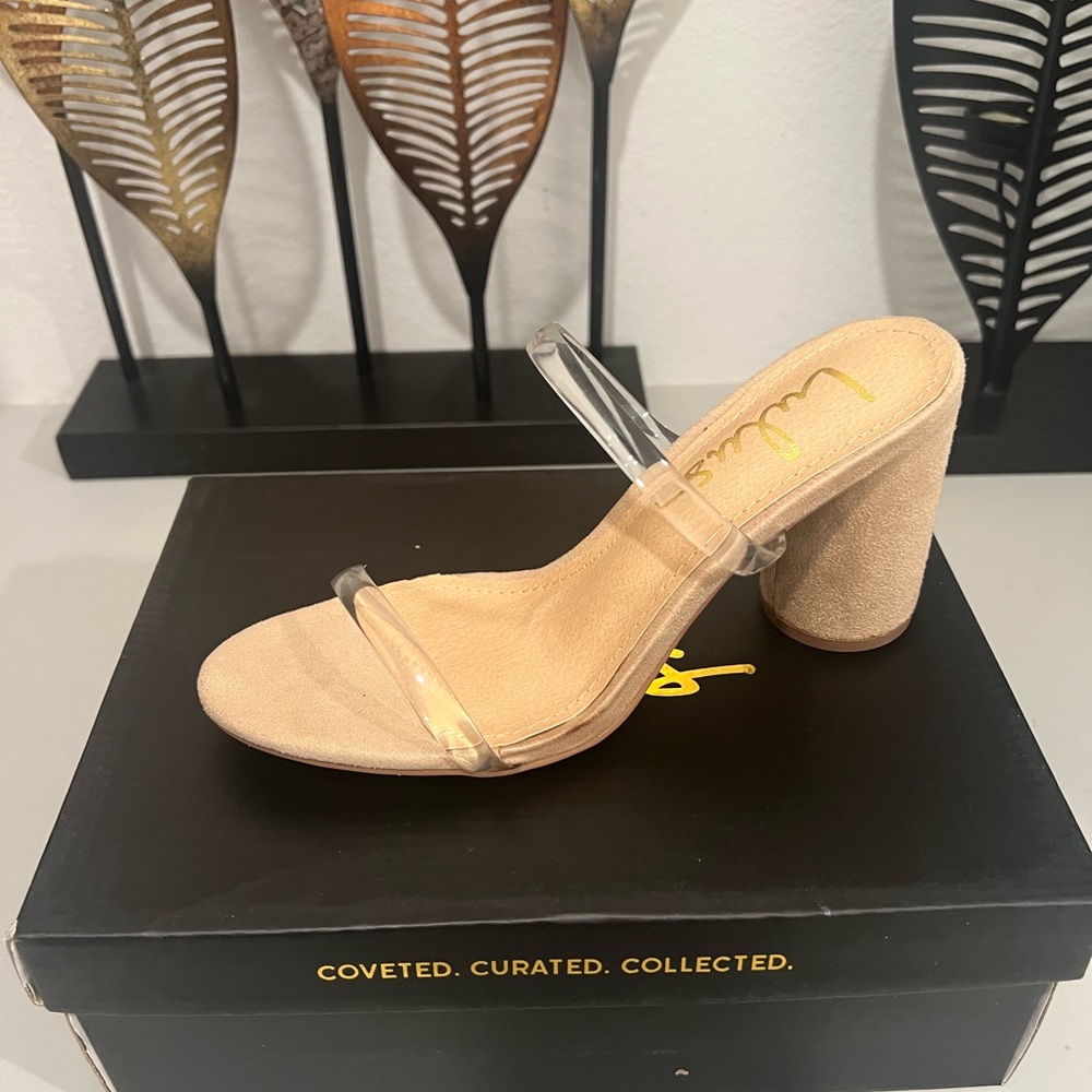 Clear Strap Tan Block Heel Sandals by Lulus Size 6